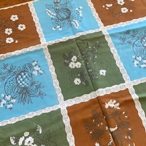 Vintage Wilendure Cotton Fruit Floral Bouquet Block Tablecloth Blue Brown Green